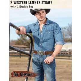 SANSTHS 2 Pack Cowboy Western Belt Strap with a Buckle, Men Women Embossed Cowboy Cowgirl Belt Strap for Jeans Gifts, Two Strap/Golden Bull Buckle