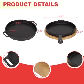 10 inch Round Cast Iron Skillet with Removable Handle for Pizza Oven and BBQ Accessories, Sizzler Pan Pizza Pan with Wooden Base for Outdoor, Oven Safe Skillet, Kitchen Saute Fry Pan for Stove Top