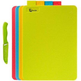 Resort Chef Vibrant Kitchen Cutting Board Set - 4 Non-Porous, BPA-Free, Dishwasher-Safe Reversible Plastic Boards with Easy-Grip Food Icon Tabs. Includes Ceramic Knife & Non-Slip Mat.