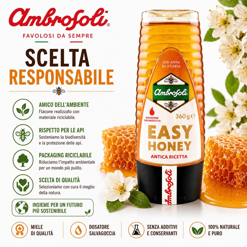 Ambrosoli Easy Honey 360 g – Miele con Dosatore Salvagoccia,