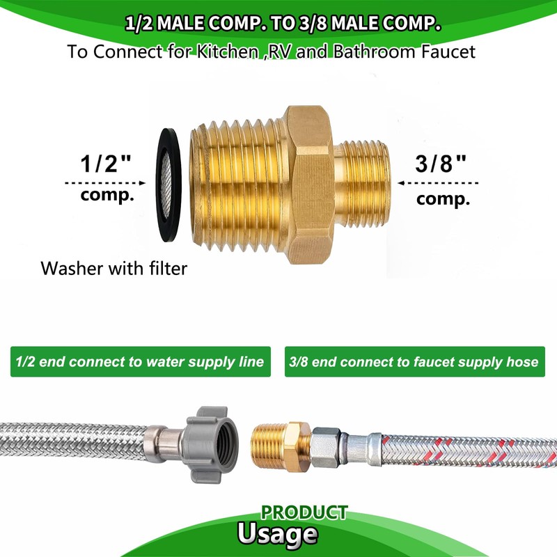 RV Faucet Adapter 1/2" to 3/8" Reducer kitchen Faucet Supply