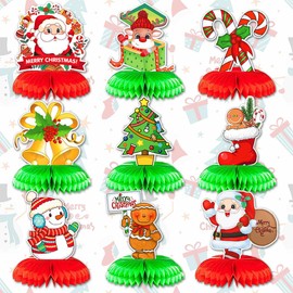 Glodecart 9PCS Christmas Tree Honeycomb Table Decorations for Home Party Christmas Gingerbread Man Snowman Santa Candy Cane Table Topper Centerpiece Decoration for Table Decor Christmas Party Supplies