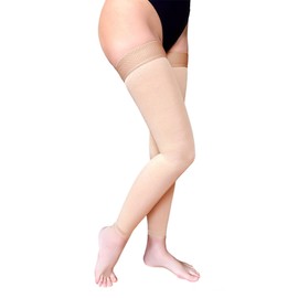 KEVVI Mangas de compresión hasta el muslo sin pies para mujeres y hombres, mangas altas hasta el muslo para piernas firmes de 20-30 mmHg, medias de compresión de apoyo graduado para piernas de circulación, 20-30 mmHg, soporte de manguera Ted (BEIGE, L)