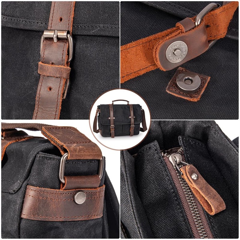 Vintage Genuine Leather Waxed Canvas Briefcase Large Satchel Shoulder Bag