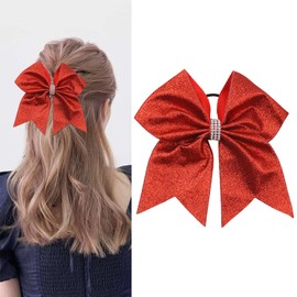 Totelux Christmas Bow Hair Ties Glitter Cheer Bow with Rhinestone Rubber Band Ponytail Holder Elastic Large Bowknot Hair Band for Women Hair Accessories Red
