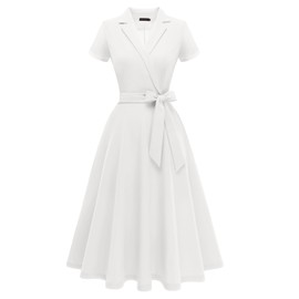 Meetjen Vintage Cocktail Dress for Women Evening Party Tea Length Swing Semi-Formal Graduation Guest Dresses,White,XL