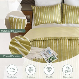 Simple&Opulence Double Duvet Cover Set, Ultra Soft and Stylish Microfiber Bedding Set, Striped Green Pattern Summer Bed Quilt Cover with Pillowcases, 200 x 200 cm