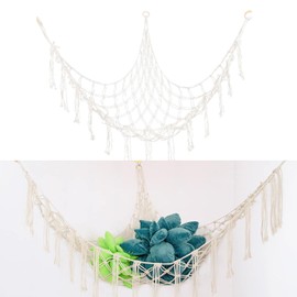 fxqtomio Hanging Toy Storage Net, Cotton Rope Hammock with Wooden Rings, Wall-Mounted Organizer for Stuffed Animals, Triangle Design (White)