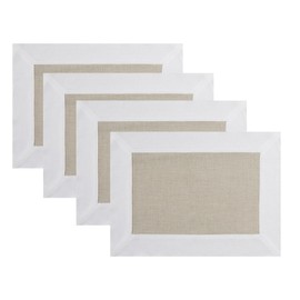Solino Home Linen White and Natural Placemats Set of 4-100% Pure Linen Cloth Fabric Placemats 14 x 19 Inch - Washable Dining Table Mats - Contempo