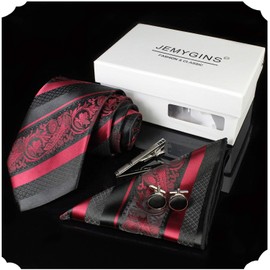 JEMYGINS Striped Luxury Necktie with Clip, Cufflinks and Pocket Square, Gift for Business, Job Hunting, Wedding, School Entrance Ceremonies, Graduations, After-Parties, Father's Day, Gift Box Included, winered, M