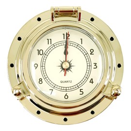 THALASSA 3.8" Brass Ship Porthole Clock – Waterproof Marine Timepiece for Boats & Coastal Decor, Classic Nautical Design (10cm)