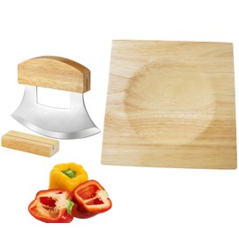 TLIOCAS Alaska Ulu Knife Mezzaluna Cutter n Chopping Bowl Set,Mezzaluna Mincing Chopper with Base n 7inch Recessed Cutting Board