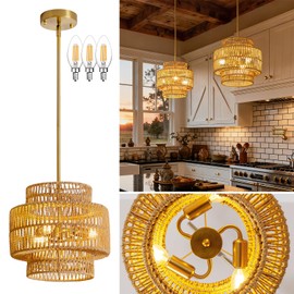 MODIVO Boho Rattan Pendant Light for Kitchen Island & Dining Room