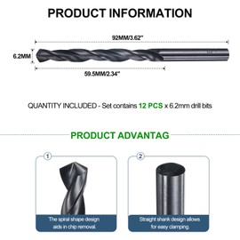 METALLIXITY Drill Bit (6.2mm) 12Pcs, 4241 High-Speed Steel Straight Shank Nitriding Black 118° for Wood Plastic Iron Copper Aluminum Low Soft Metal