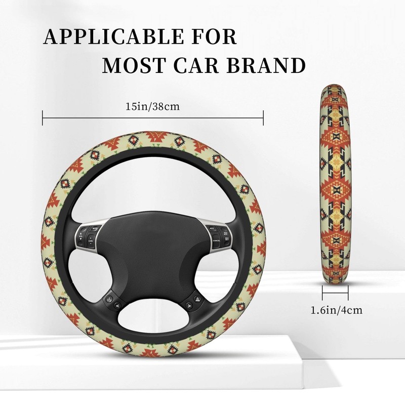 Ethnic Aztec Geometric Native Boho Car Steering Wheel Cover,Non-Slip Elastic