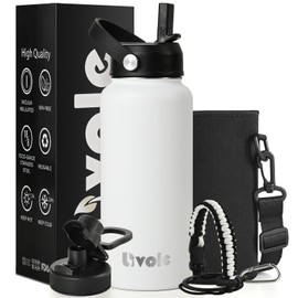 Livole Stainless Steel Water Bottle for Women, Men, 32oz 950ml Insulated Water Bottles for Sports, Gym, Travel, Climbing, Vacuum Metal Water Bottle with Straw and 2 Lids, Bottle Carrier, White