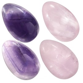 KYEYGWO Set of 4 Amethyst & Rose Quartz Healing Crystal Egg Set, Polished Oval Ball Gemstone Natural Palm Pocket Stone Figures Ornament Home Decor for Meditation Stress Relief Massage Stones