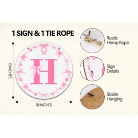 Monogram Round Sign For Front Door, Cherry Bow Theme Sign For Porch Art Wall Door, Initial Signs Hanging Ornament For Indoor Outdoor, Decorations Gifts For Four Seasons Rustic Home Kitchen, H, A08