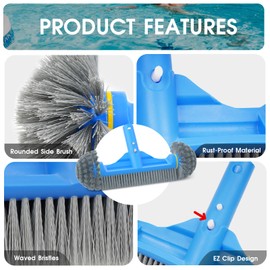 TidyMister 3PCS Cleaning Kit - 12.5'' Brush With Round End & 11'' Skimmer Net Fine Mesh & 5.7 Feet Thick Aluminum Pole 5-Segment, for Above Ground & Inground Pools Ponds