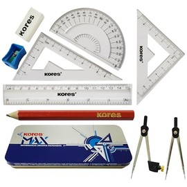 Kores MAX 9 Pcs Maths Geometry Tin Set, Maths Compass Divider Protractor Squares Sharpener Eraser Ruler Pack, Student Exam Instrument Tin Case