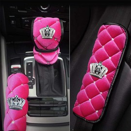 Universal ion Cover Set : Queen's Steering Wheel Cover for Woman Car Seat Belt Shouldads Gear Shift Cover Bling Crown Decor Car
