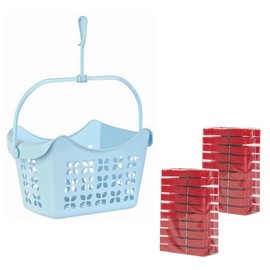 Engelland - 1 x Light Blue Peg Basket with 40 Pegs Red Hanging Basket with Handle and Hanging Hook PP Plastic L 24 x W 14.5 x H 13 cm