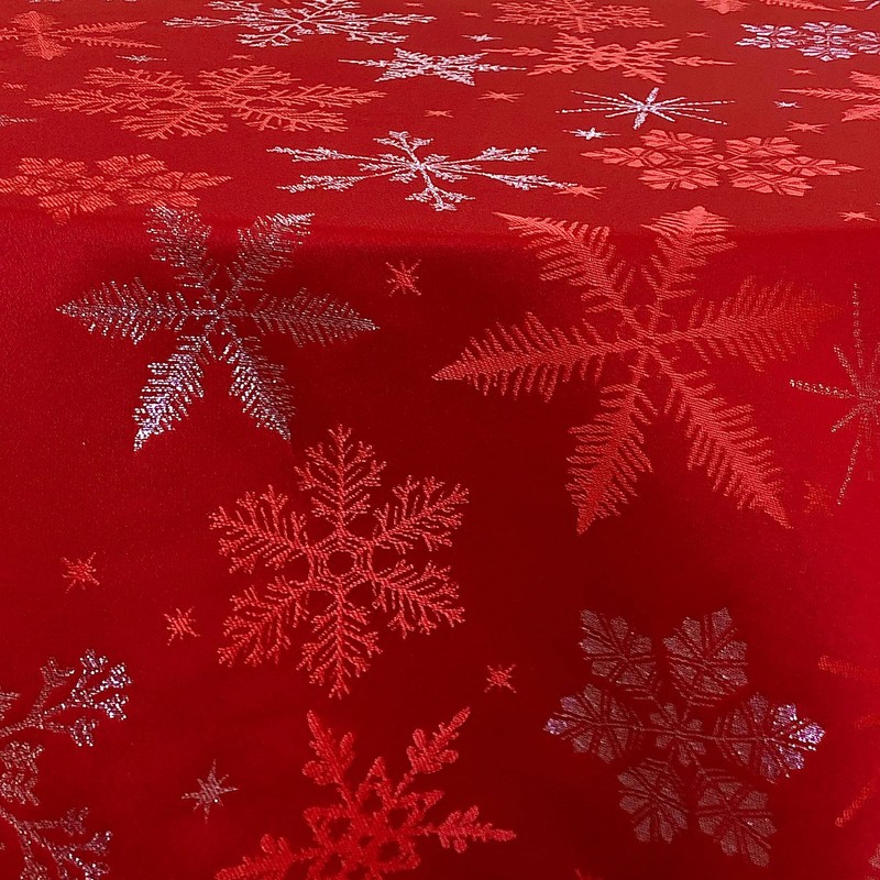 CAIT CHAPMAN HOME COLLECTION Red Snowflake Metallic Jacquard Woven Tablecloth