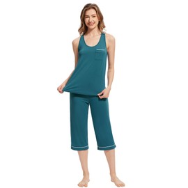WiWi Pajama Set for Women Tank Top Capri Pants U-Neck Comfy Viscose from Bamboo Sleepwear Sleeveless Loungewear S-XXL, Dark Teal, X-Large