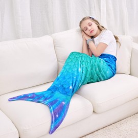 WERNNSAI Mermaid Tail Blanket - Soft Mermaid Blanket for Children Girls 140 x 60 cm Soft Flannel Mermaid Portable Blanket for Teenagers Birthday Gift (Blue & Green)