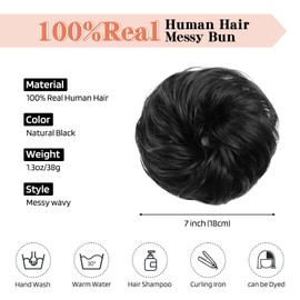 Flufymooz Messy Bun Hair Piece, 100% Real Human Hair Tousled Updo Extension Natural Curly Messy Bun with Elastic Band Hair Bun Hair Piece Ponytail Extensions for Women（Natural Black）