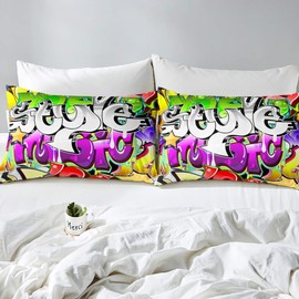 Loussiesd Hippie Graffiti Bed Linen Set 135 x 200 cm Teenager Hip Hop Style Bed Set for Children Boys Youth Graffiti Pattern Duvet Cover Set Breathable Street Culture Theme Bedding
