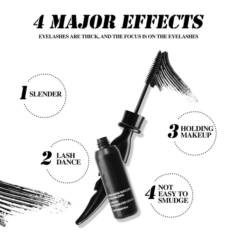 Black feather Mascara, Lengthening and Thick, Long Lasting, Waterproof, Smudge-Proof