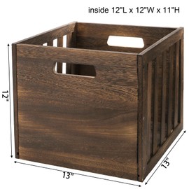 yarlung Wood Storage Bin Cube Wood Crate with Handles, Rustic Brown Decorative Box, Stackable Shelf Basket Books Organizer for Closet, Bookcase, 12"x12"x11", Easy Assembly