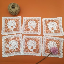 TINWIN Square Lace Placemats White Doily Lace Place Doilies Embroidered Lace Flower Mat Vase Cup-3(8” 6pcs)