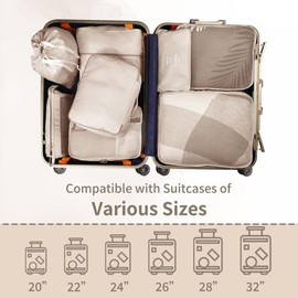 My Corgi Living 8-Piece Cube Travel Luggage Organizer Set - Efficient Luggage Separators & Travel Storage Cubes with Hanging Toiletry Makeup Bag, Shoe Bag - Perfect for Families, Men & Women (Beige)