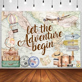 InMemory Adventure Awaits - Señal de camino para equipaje, mapa del mundo, texto "Let the Adventure Begin Baby Show", graduación, viajes, fiestas, cumpleaños, decoración de fotografía, fondo de 6 x 4