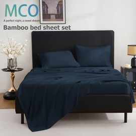 MCO Breathable Bed Sheets Set - Rayon Derived from Bamboo Sheets - Cool Bedding Set with 16" Deep Pocket (4 Pcs, Queen, Navy Blue)