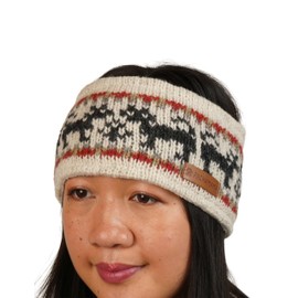 Pachamama Women Wool Ear Warmer Headband Fleece Lined Handknitted Black Cat Pattern One-Size Handmade Fair Trade