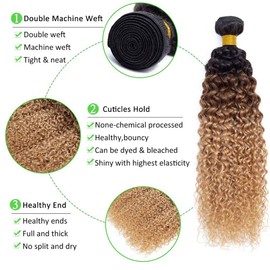HeioWuio 1B427 Curly Wave Hair Bundles Brazilian Remy Hair Weaves Ombre Three Tone Hair Bundles Real Unprocessed Virgin Hair 1B/4/27 Hair Bundle 28 Inch