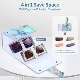 Muf Travel Sunglass Organizer, 4-Slot Leather Case for Multiple Sunglasses, with Mirror & Strap, Storage for Oversized Glasses for Men & Women, Green Marble