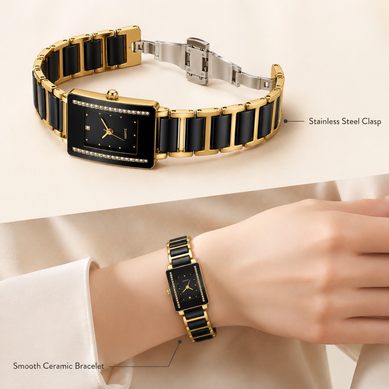 XV12 Rectangular Ceramic Quartz Watch – Black & Gold Date