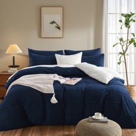 NEXHOME PRO 100% Organic Cotton Duvet Cover Queen Size, Linen Like Pleated Textured Navy Duvet Cover Set, 3pc Bedding Set with Zipper Closure, Soft, Lightweight and Breathable,90"x90", No Comforter