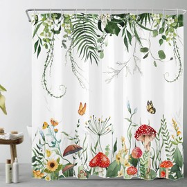 LB Sage Green Plant Shower Curtain Red Mushroom Orange Butterfly Yellow Flowers Shower Curtain Set Eucalyptus Leaf Shower Curtains for Bathroom Waterproof Washable Fabric with Hooks,72x72 inch