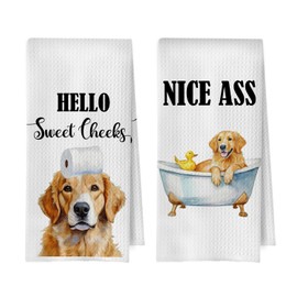 BlissfulAbon Golden Retriever Bathroom Towels - Funny Golden Retriever Decorative Waffle Weave Hand Towels for Toilet Bathroom, 16×24 Inches Set of 2
