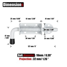 JQK Spring Loaded Latch Pin, 304 Stainless Steel Barrel Bolt Thickened 2mm Door Lock, 5 Inch Matte White Finished(2 Pack), HSB300-WH-P2