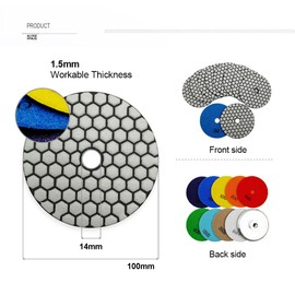 SHDIATOOL Dry Diamond Polishing Pads 4 Inch Sanding Disc Grinding Pads Set of 7 Pieces Plus an Alu Backer for Granite Marble Stone