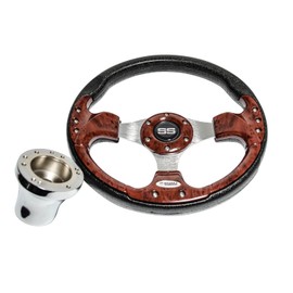 Huskey 12.5 Inch Wood Grain Racing Style Golf Cart Steering Wheel for EZGO 1994.5-Up Gas & Electric Models, SS Center Logo, Brushed Aluminum Spokes and Anti-Slip Grip