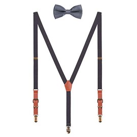 WANYING Men's 2 cm Braces Bow Tie Sets – PU Leather 3 Retro Brass-like Clips Y Shape Braces Elastic Adjustable for Height 140-190 cm, Dark grey with bow tie