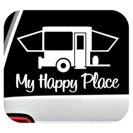 My Happy Place Pop Up Camper Travel Trailer White Decal Sticker for Car Window 7 Inch BG 199