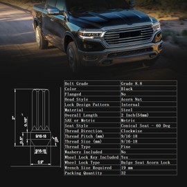 32PCS 9/16-18 Black Closed End Wheel Nuts with 1 Tuner Compatible with Dodge 2005-2011 Dakota 2004-2009 Durango 2002-2013 Ram 1500 2500 3500 2006-2009 Chrysler Aspen 7 Spline